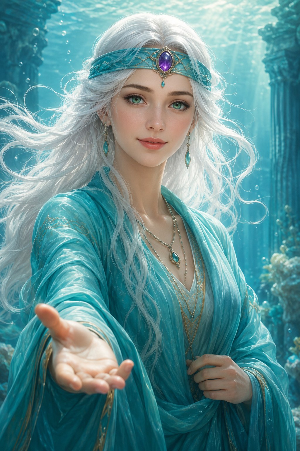 A depiction of Mepsitahl: a young woman with long white hair, green eyes, a turquoise robe, and a headband set with a purple gem over the third-eye area, shown in an underwater setting